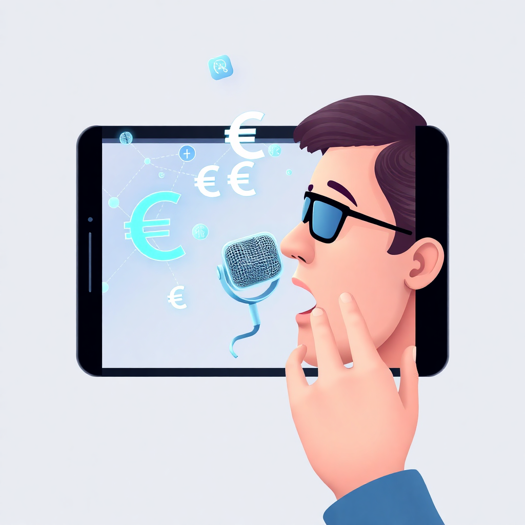 person speaking into smartphone microphone with floating euro symbols and AI neural network visualization, glowing blue tech elements, professional modern illustration, French style
